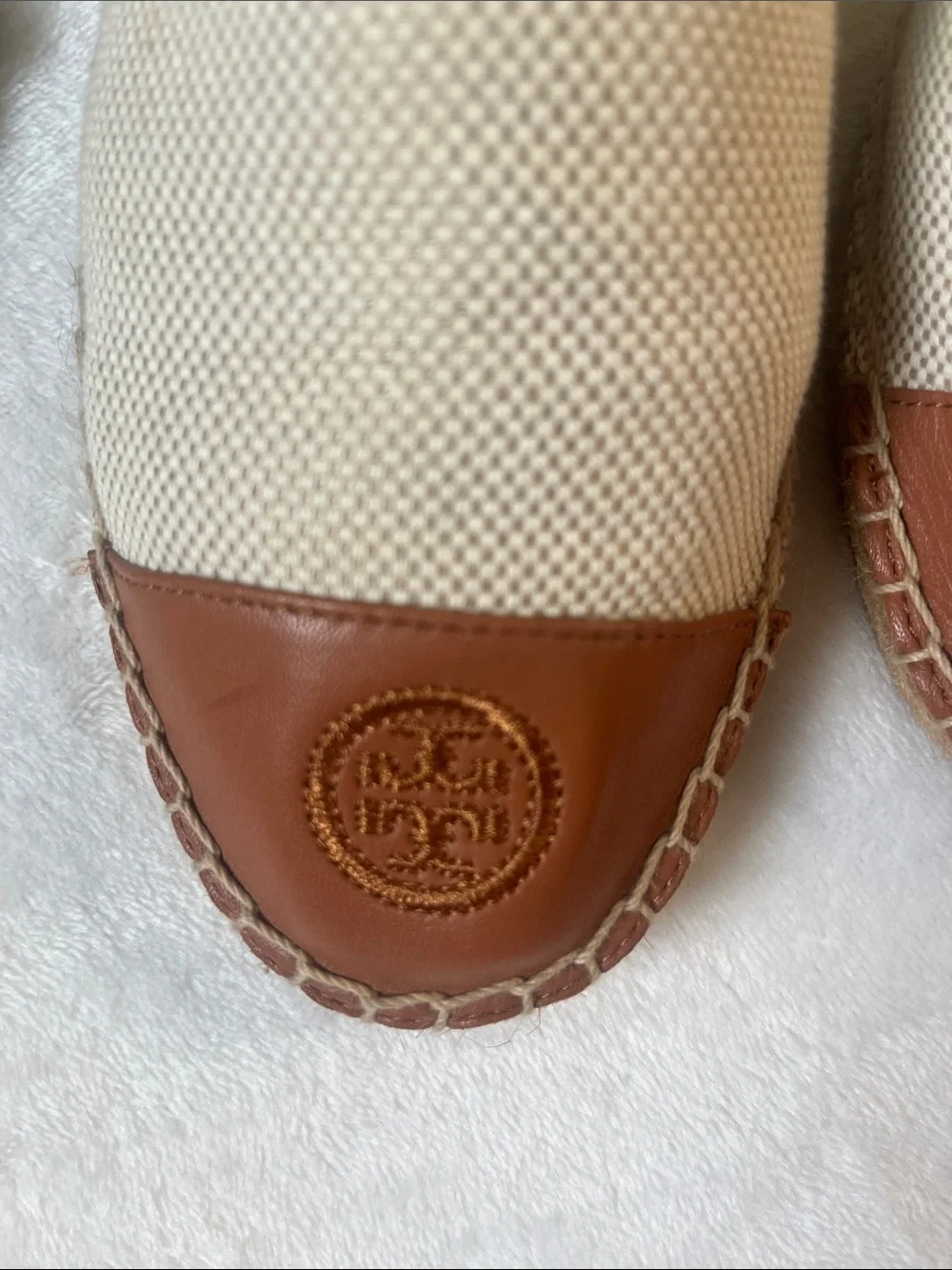 Tory Burch Cream Canvas Espadrille Flats with Brown Leather Toe Cap